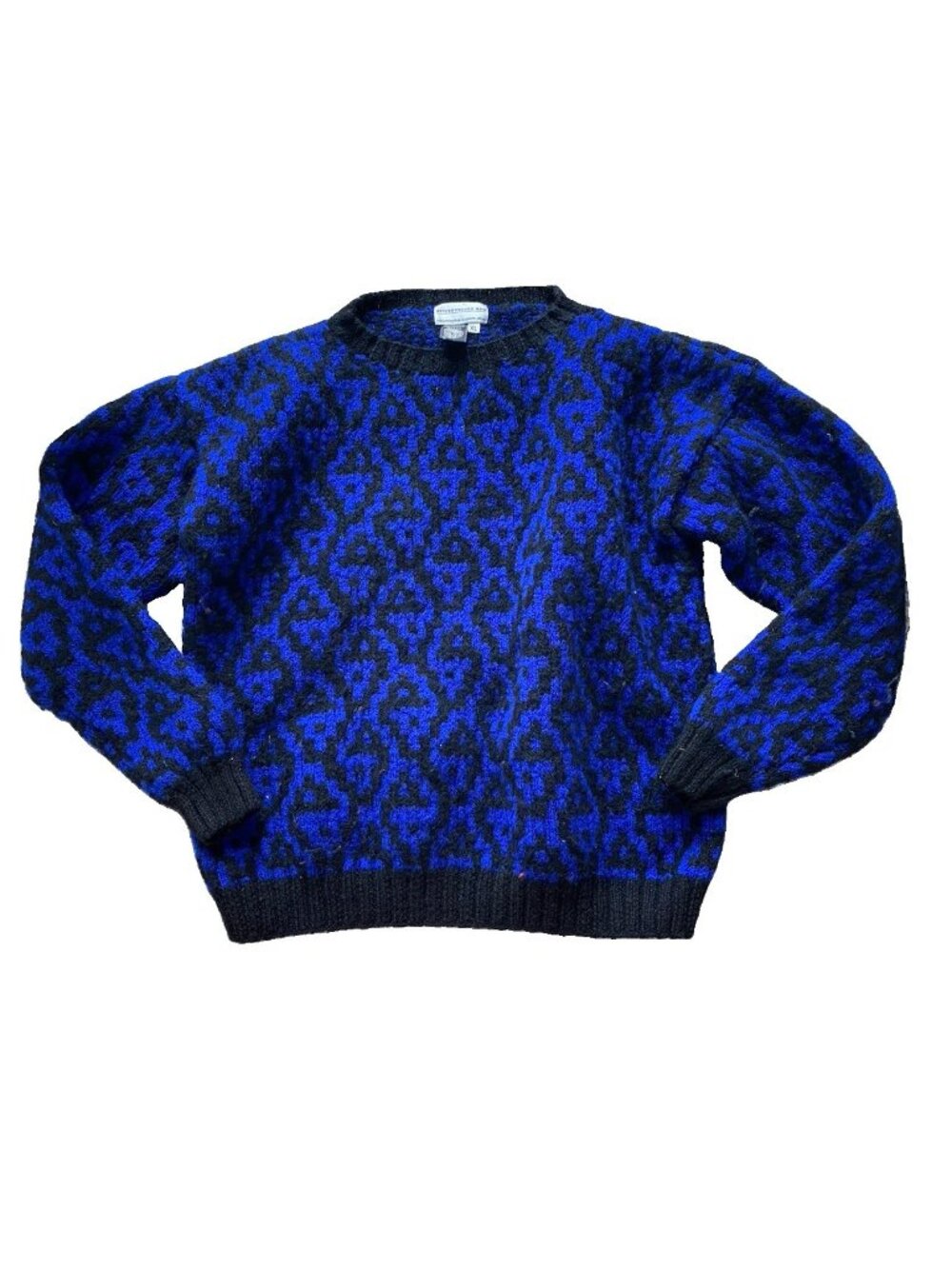 Vintage Men’s Sweater Geometric Blue Black Patterned Hipster Wool Retro Diamond